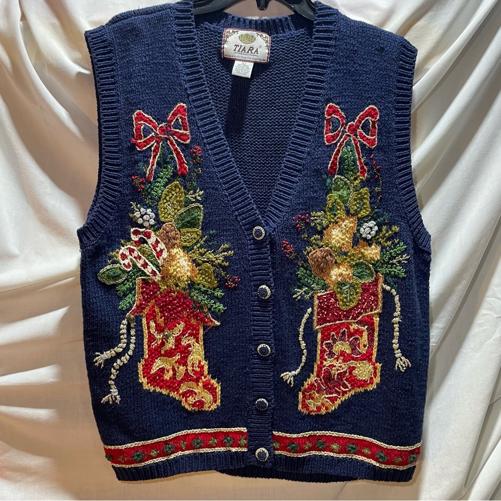 Vintage Tiara Navy Holiday Sweater Vest with Stockings